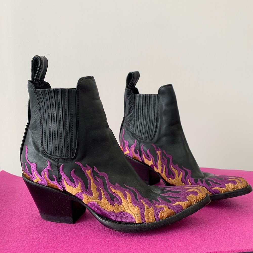 Hand embroidered flame ankle cowboy boots